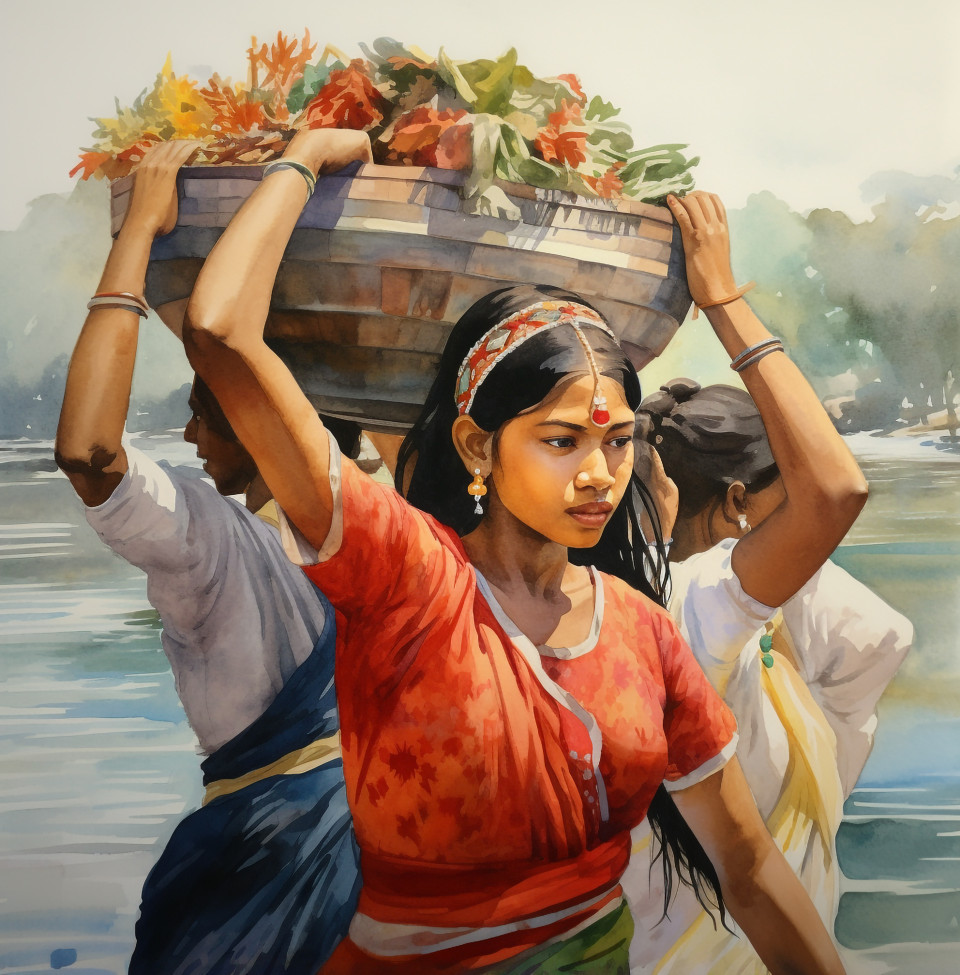 Watercolor painting of women carrying water, kangra painting styles