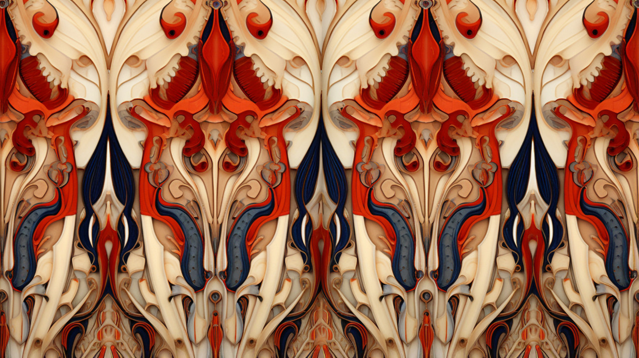 Red and brown ikat fabric, folk style art