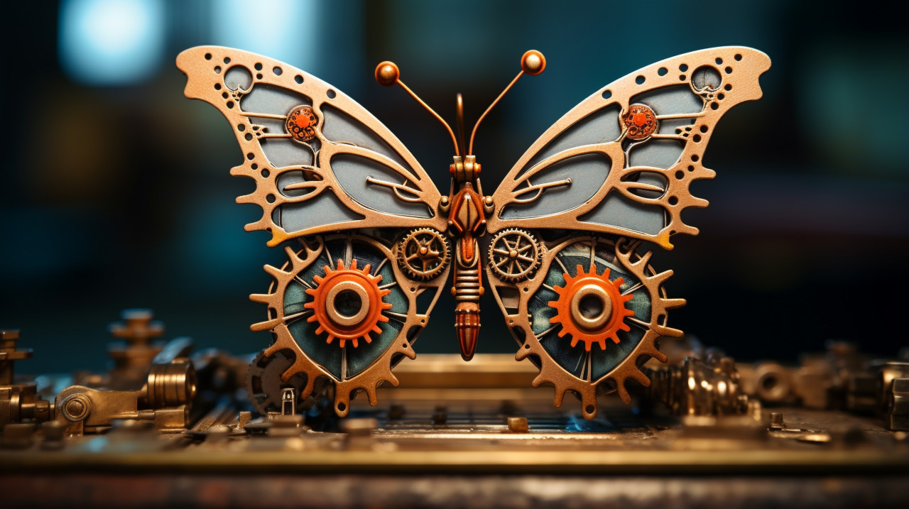 A butterfly sitting on top of something with gears on it, found object art ideas