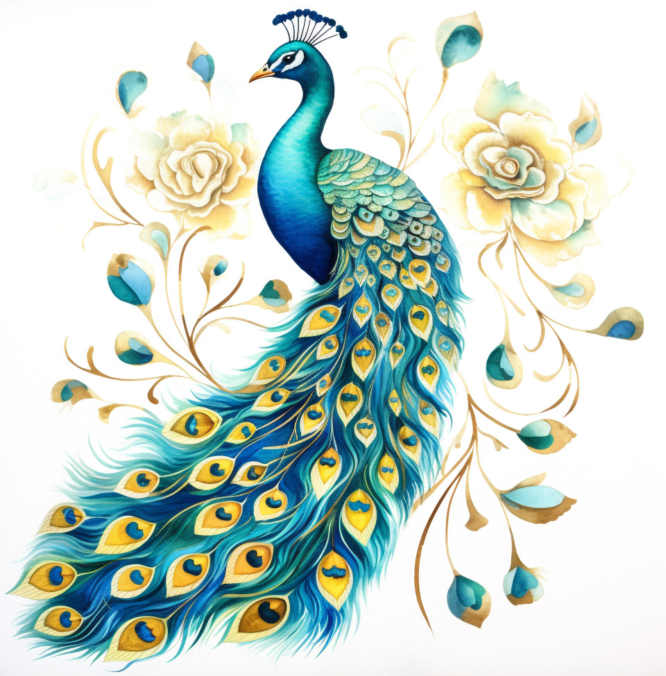 Watercolor peacock on white background, kangra painting styles