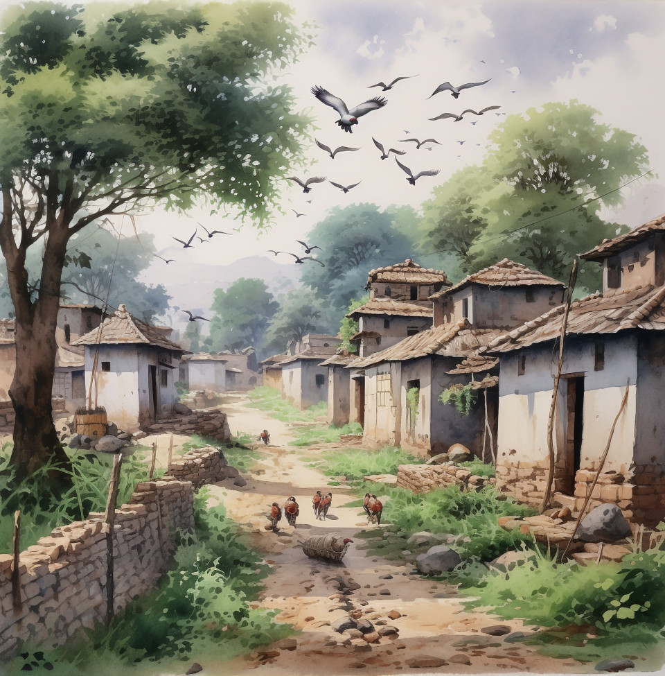 A watercolor painting of an indian village, kangra painting styles
