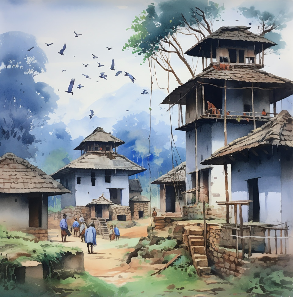 Watercolor indian village scene, kangra painting styles