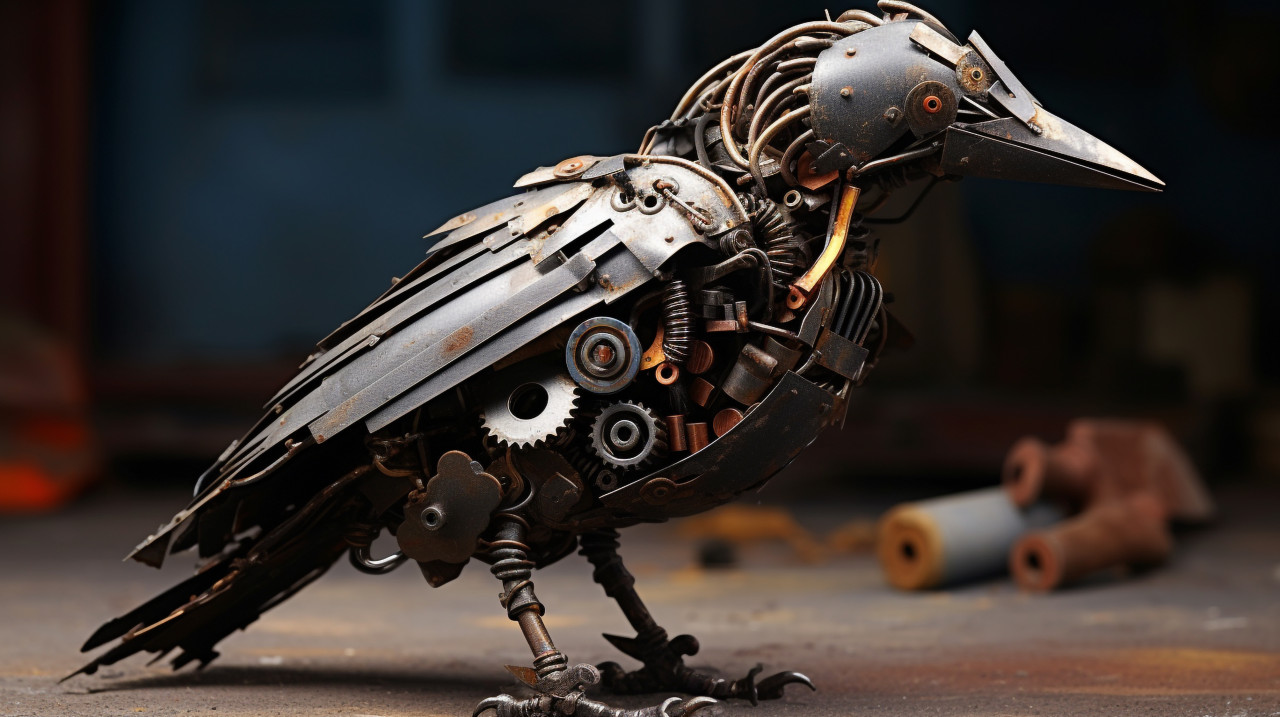 A crow made out of metal parts, found object art ideas