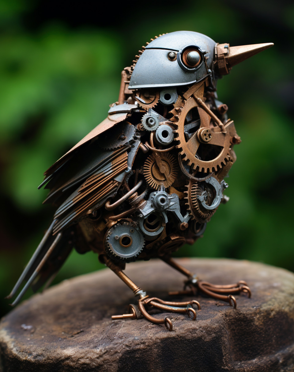 A bird made of metal on gears top of it, found object art ideas