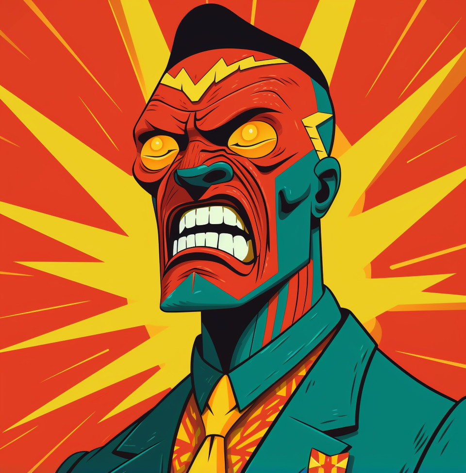 A cartoon of a man with a red suit and yellow eyes, lucha libre