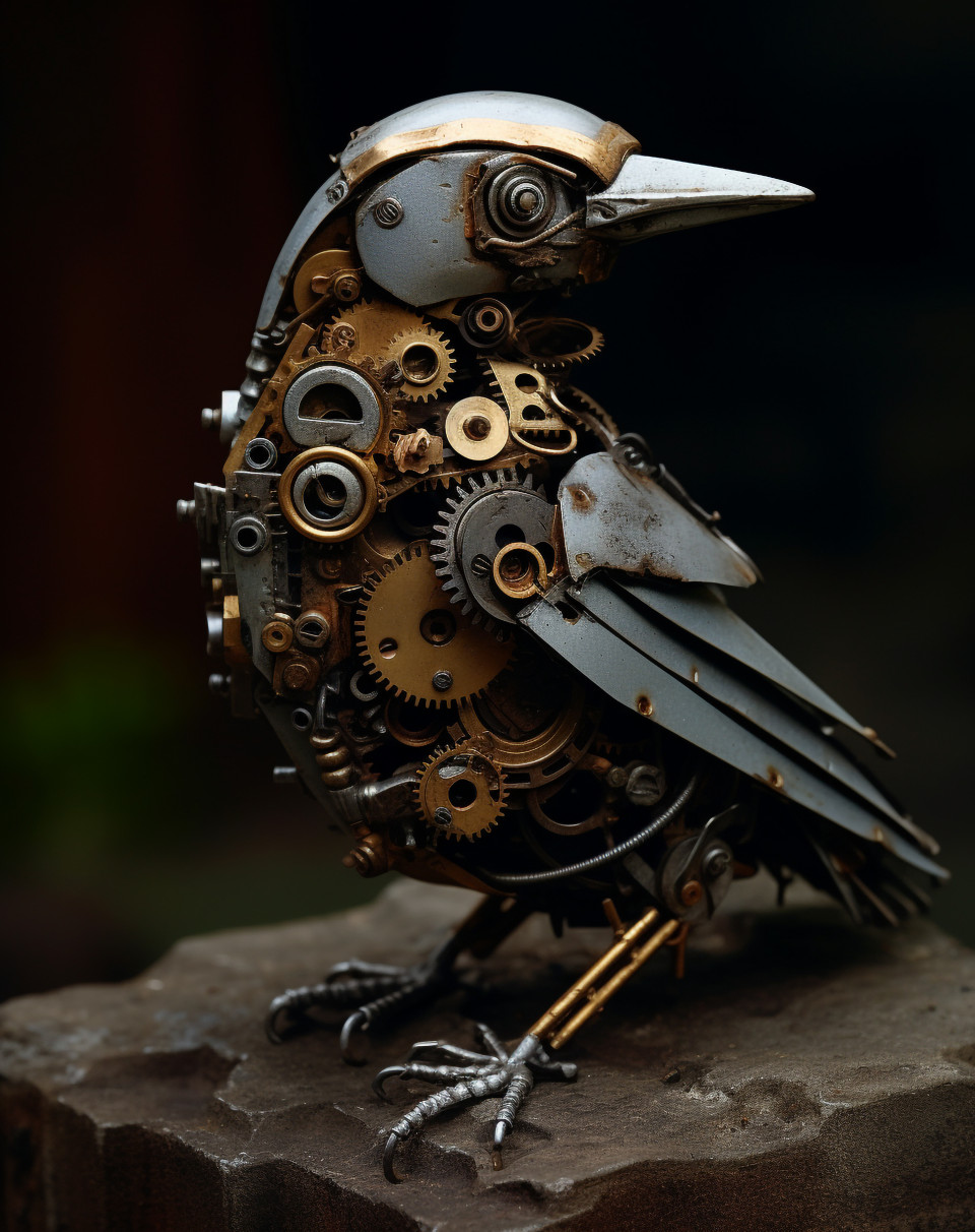 Bird of steel perched on gears, found object art ideas