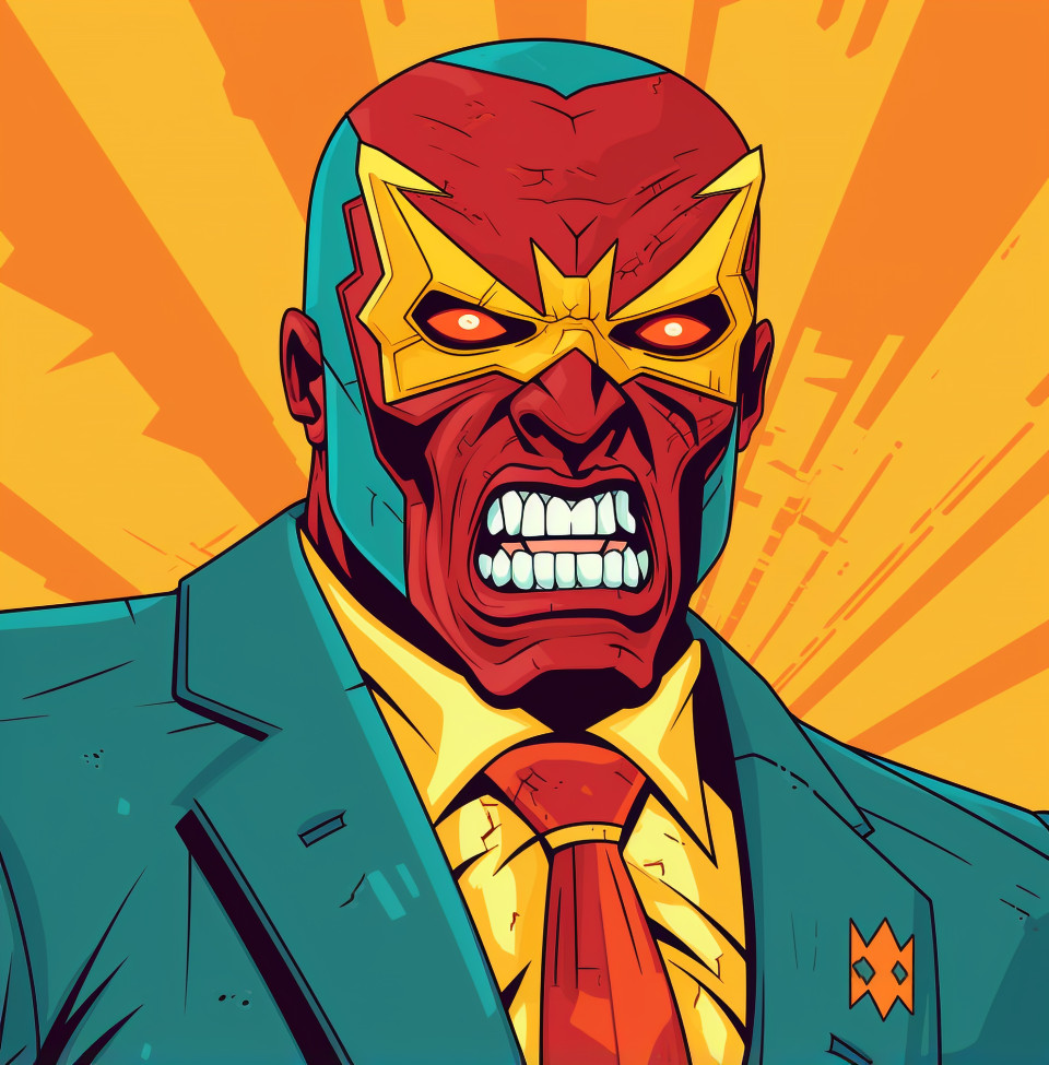 Man in red suit with glowing yellow eyes, lucha libre