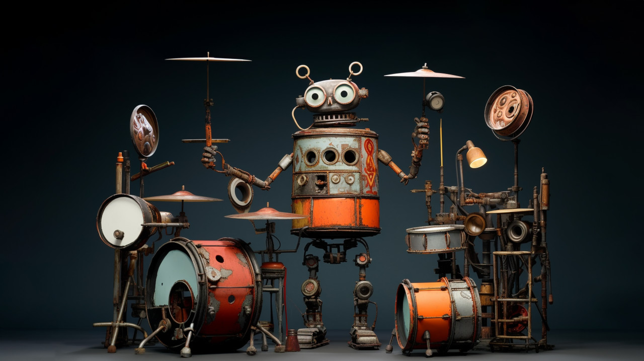 A metal drummer on a pedestal with drums, found object art ideas