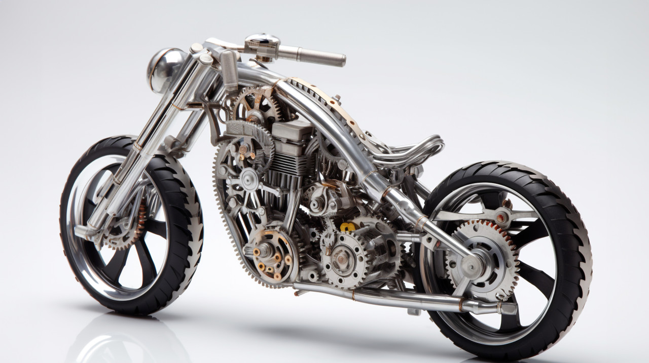 A chromed metal bike with gears is shown, found object art ideas