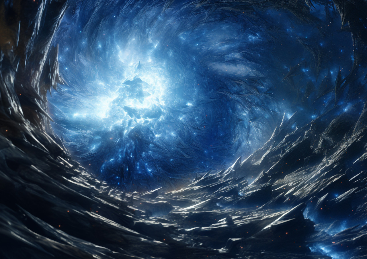 A blue wave in space with stars in the background, fractal style art