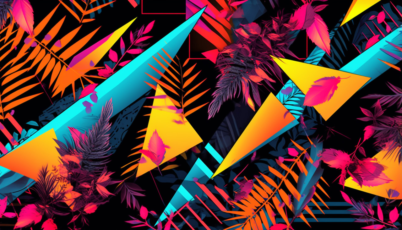 Pink yellow and orange jungle style pattern with leaves and triangles, memphis style art