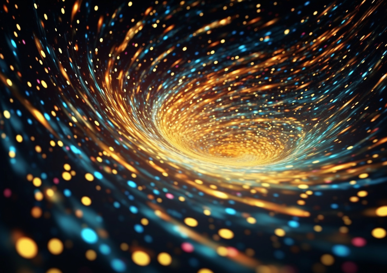 Colorful swirls of light with golden lines pattern, fractal style art