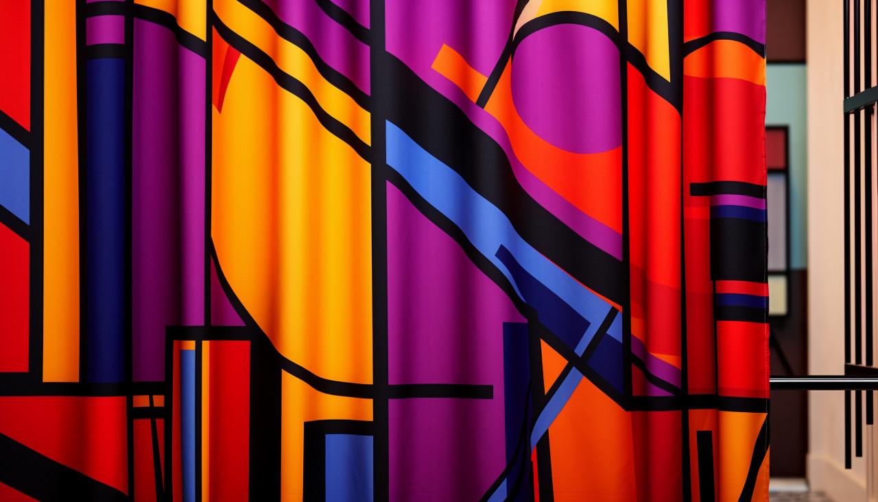 A geometric bathroom curtain featuring hot colors, memphis style art
