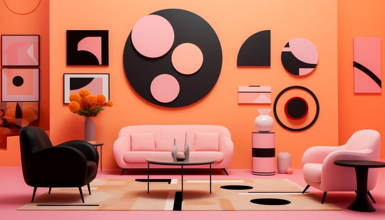 Pink walls with colorful accents and pink furniture, memphis style art