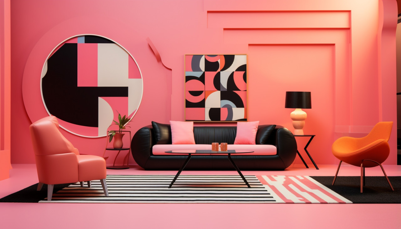 Pink bedroom with colorful decor, memphis style art