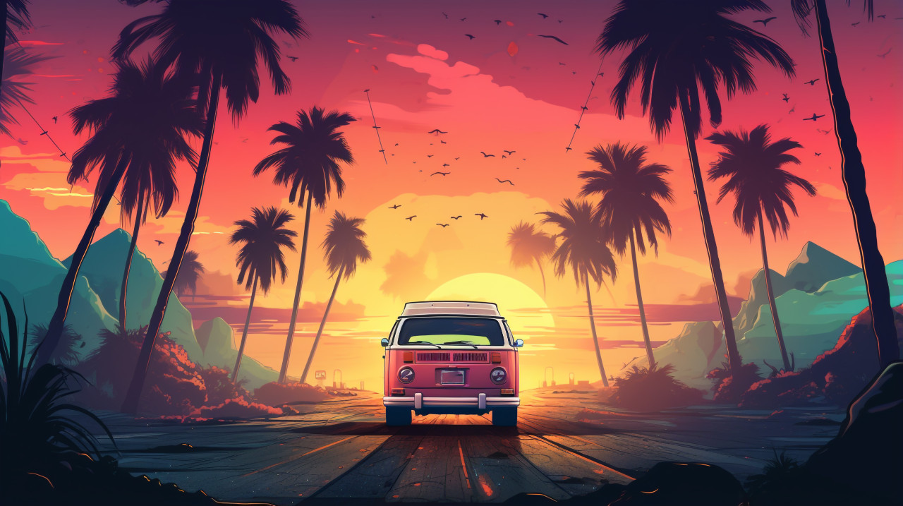 A bus is parked in front of palm trees at sunset, funk art style