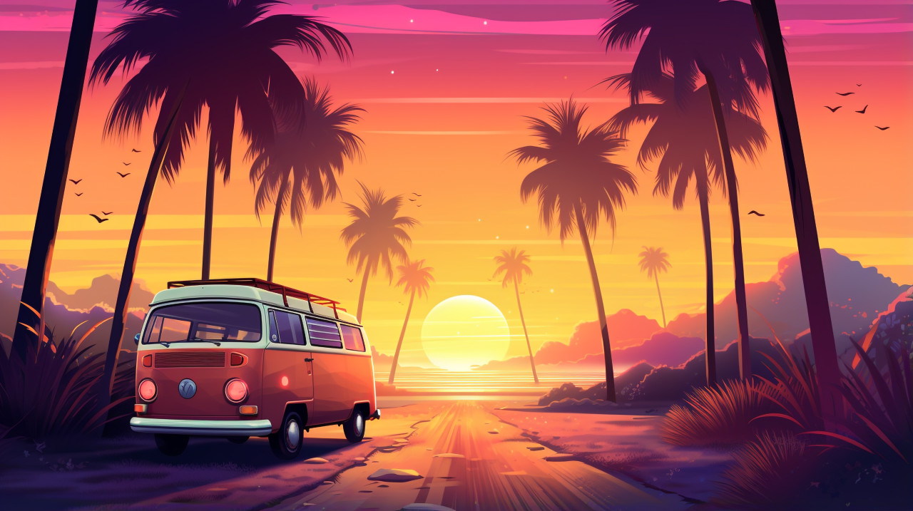 Sunset bus in tropical oasis, funk art style