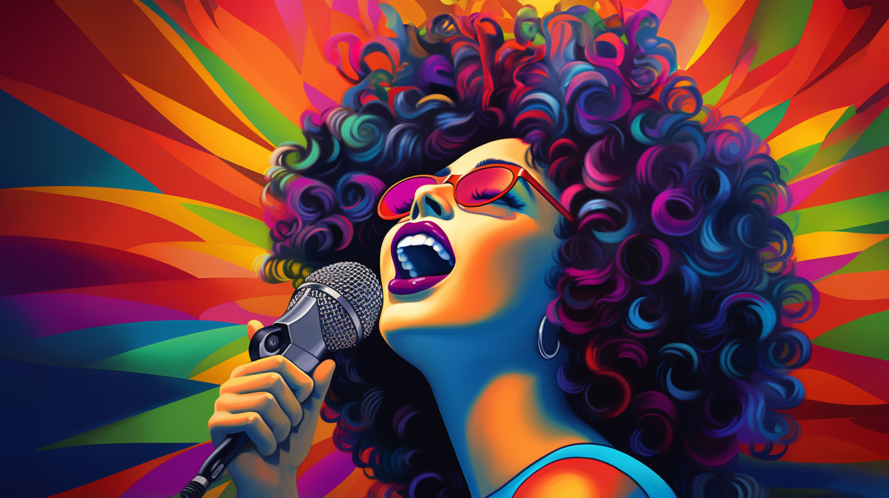 Jazz singer colorist by caroline lynch, funk art style