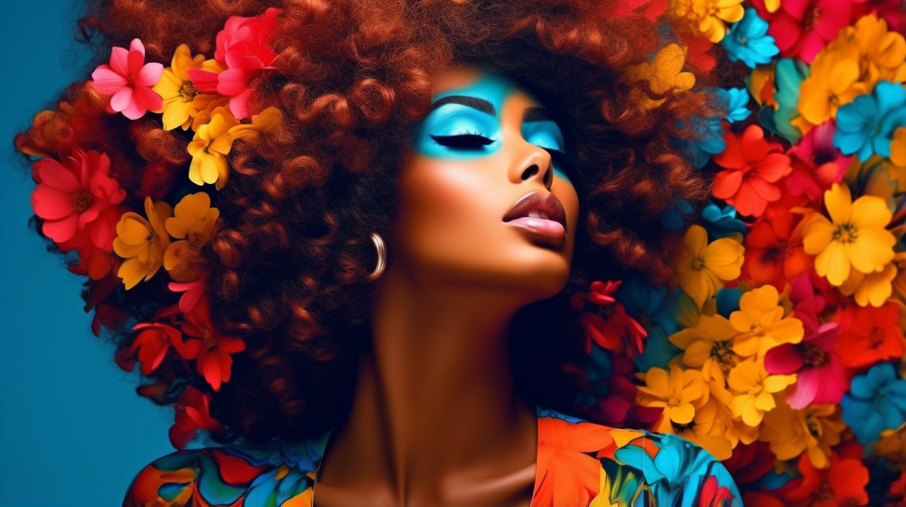 A black woman with afro styles in a colorful background, funk art style