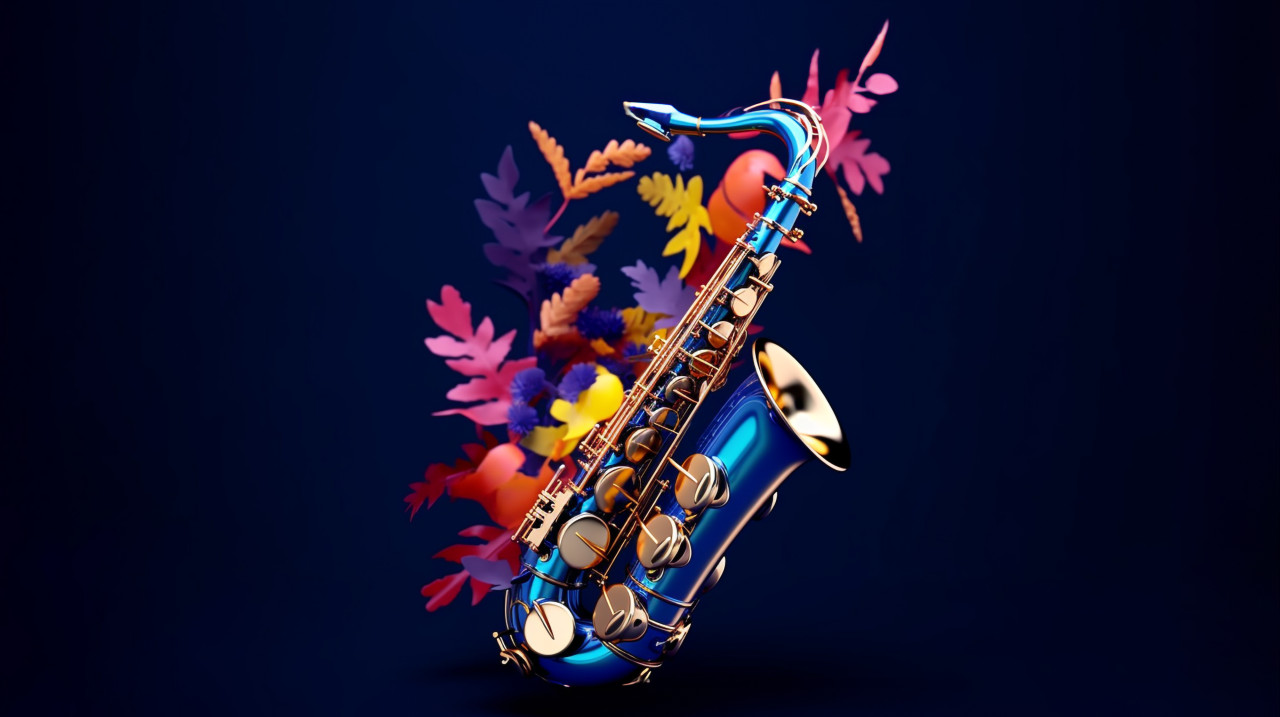 Saxophone on a dark blue background, funk art style