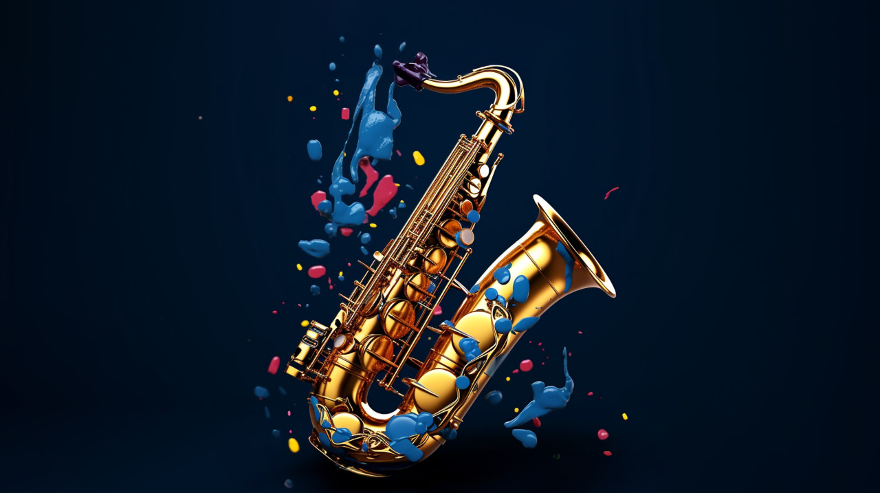 Saxophone and colorful splashes, funk art style