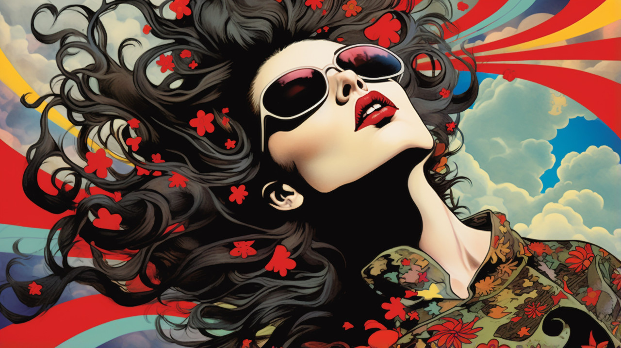 Psychedelic poster lady with crazy head and clouds, funk art style