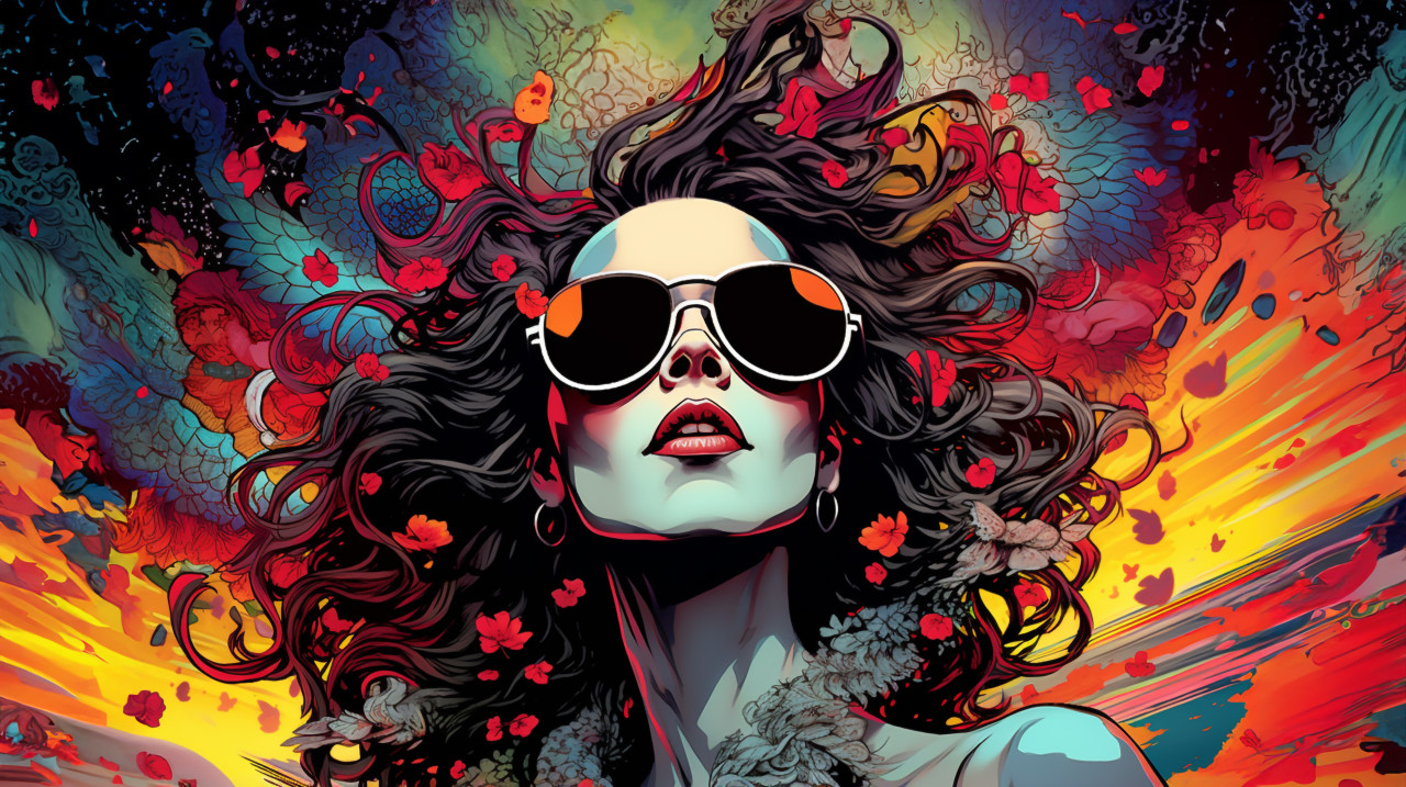 Woman with cloud head in psychedelic art, funk art style