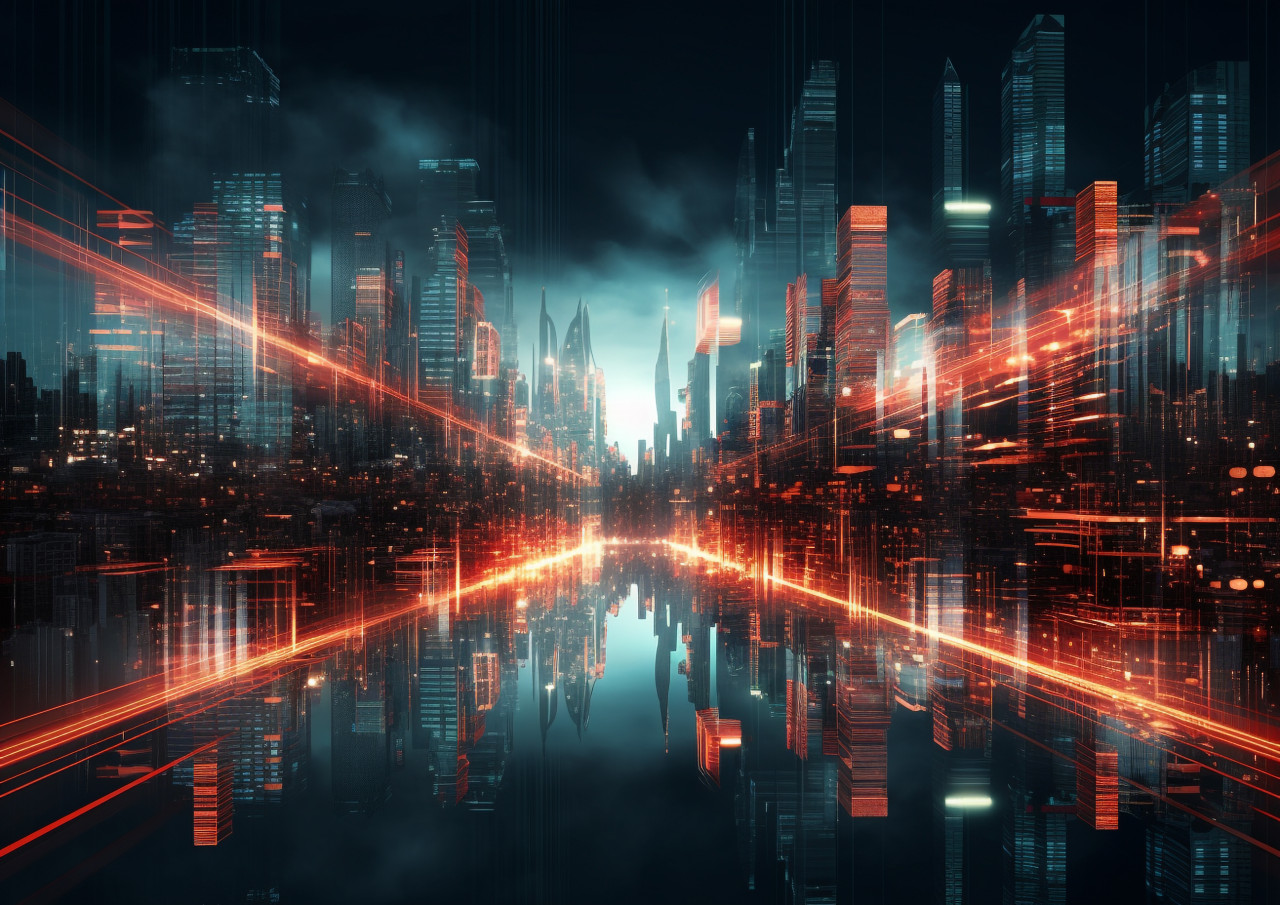 Digital architecture cityscape in a cityscape light effect, glitch style art