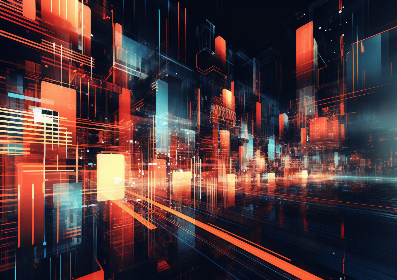 An image of a digital futuristic city, glitch style art