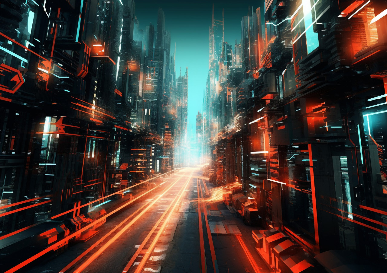 Flying cars in the city of tomorrow, glitch style art