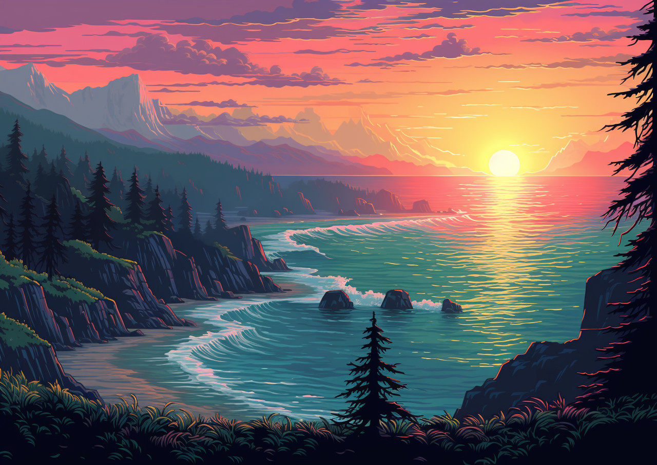 Pixel art artwork at sunset, pixel style art
