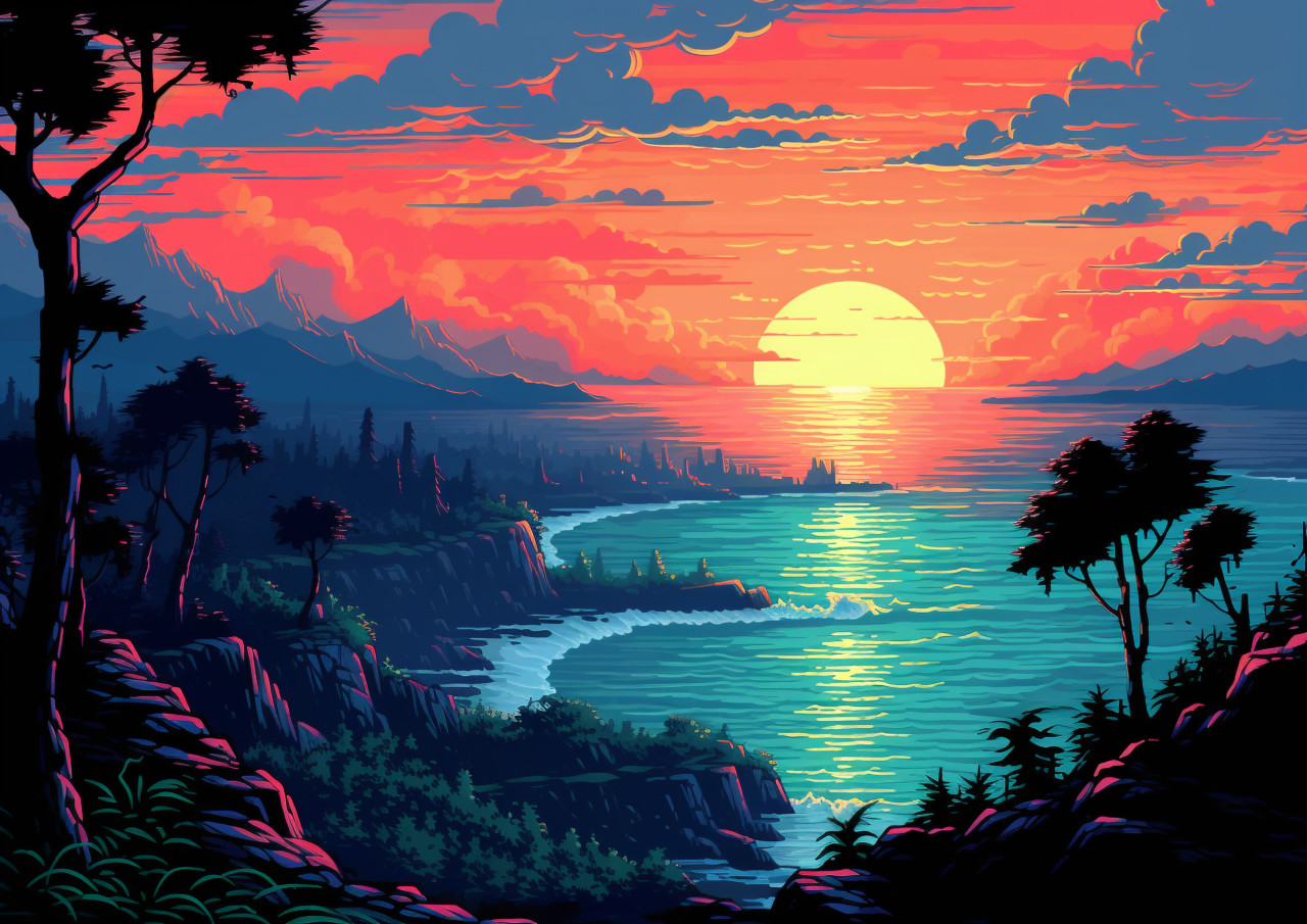 Pixel art sunset landscape, pixel style art