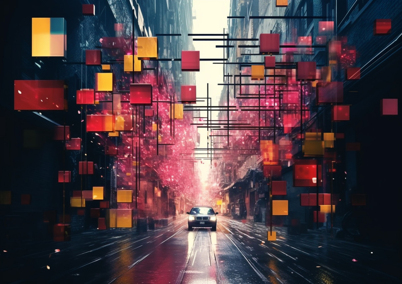 A digital painting on the street with colorful blocks, glitch style art