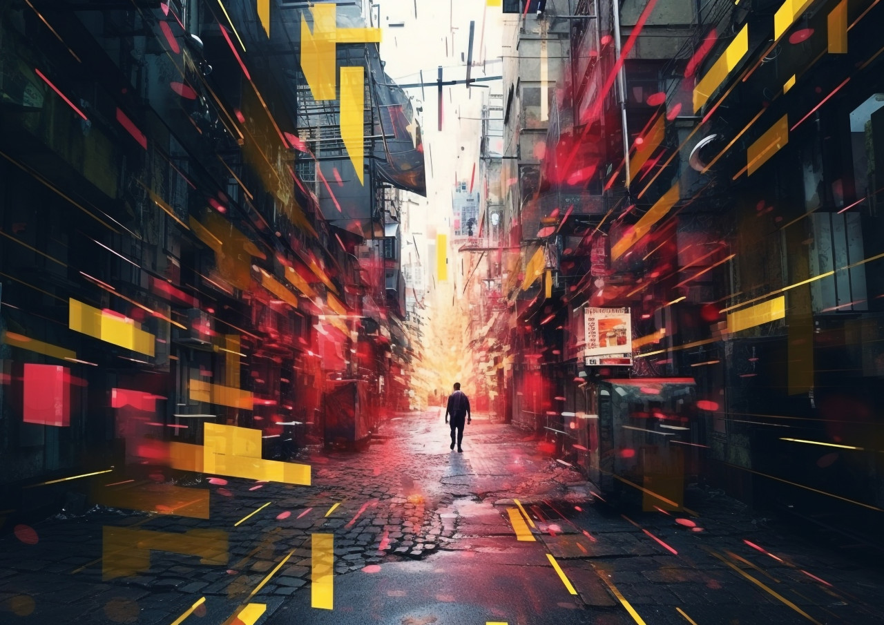 Digital painting of a city street, glitch style art
