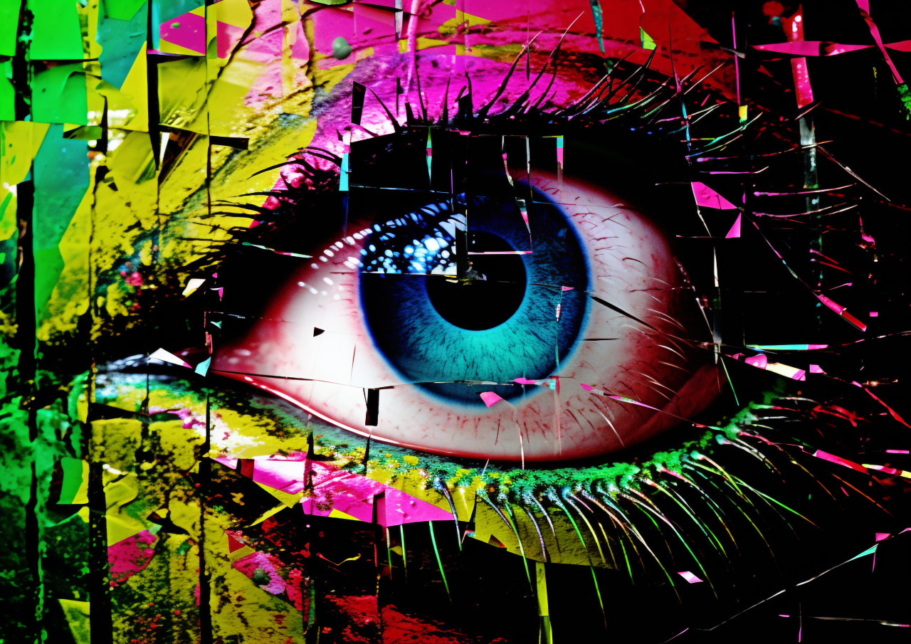 Computer digital art abstract digital print of a colorful eye, glitch style art