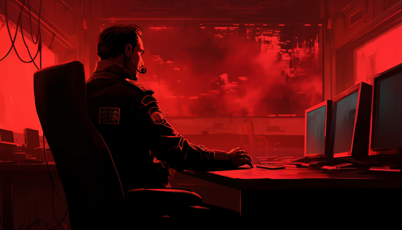 The officer at the desk sitting in front of a monitor, propaganda style art
