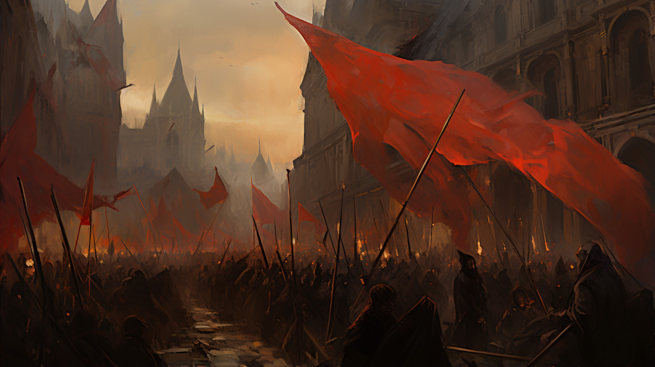 Red flags over the city painting, revolutionary style art