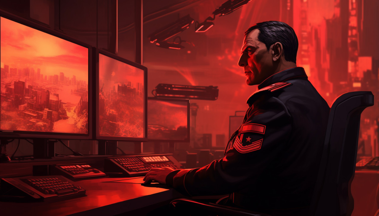 Officer working at computer, propaganda style art