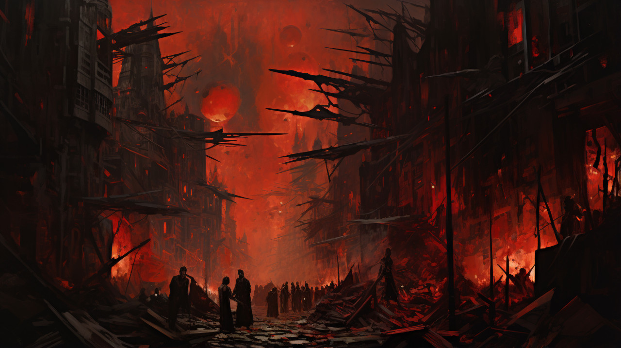 A city is shown with red flags around it at the end of the picture, revolutionary style art