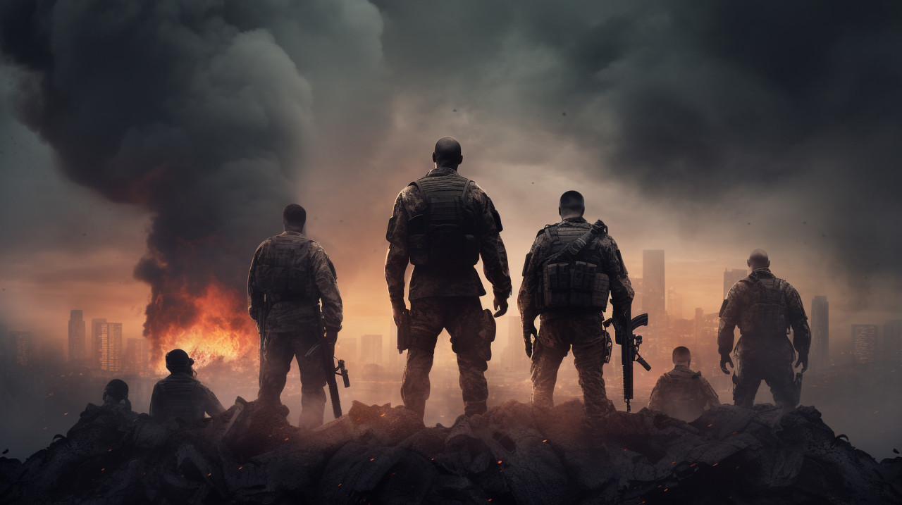 A group of soldiers standing on the ground on an angry sky, revolutionary style art