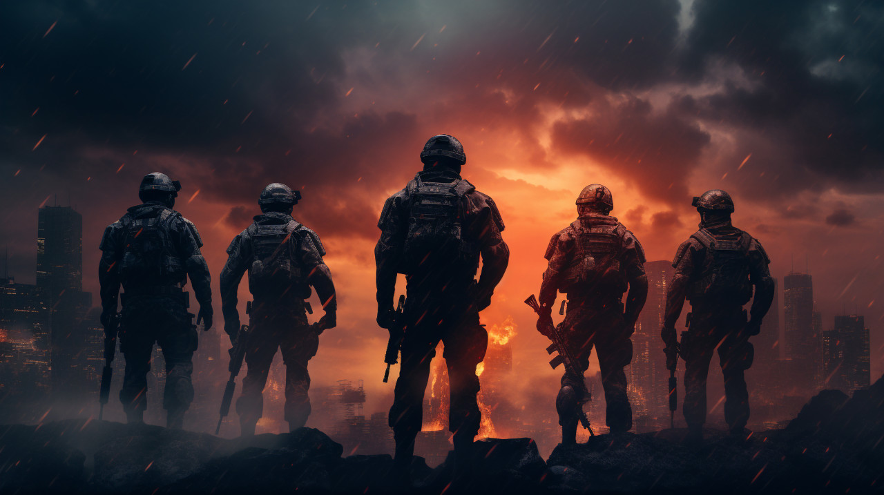 Soldiers on the ground angry sky, revolutionary style art