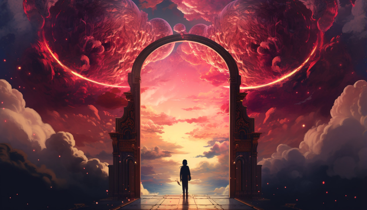 A person standing in an entrance to a dark passage, propaganda style art