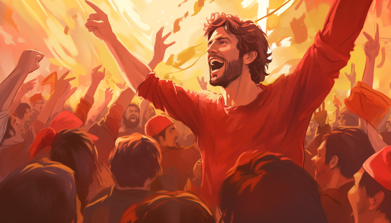 An illustration showing people protesting against , propaganda style art