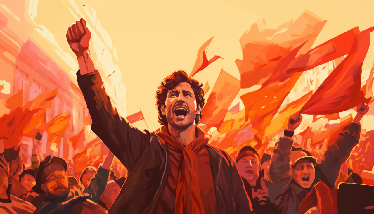 People protesting against climate change, propaganda style art