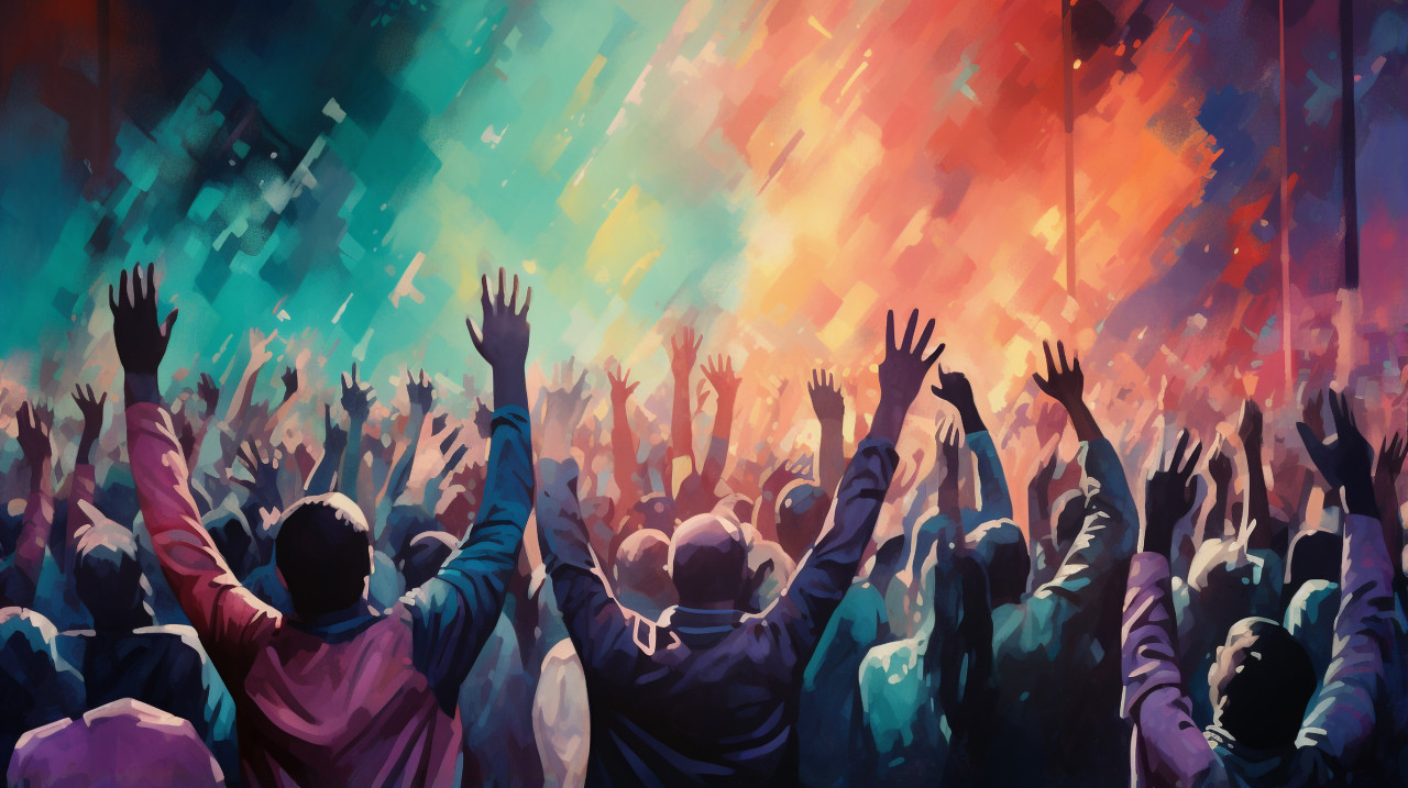 Crowd with hands in the air in the bright colors of the night, revolutionary style art