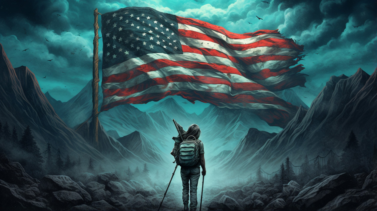 Woman walking in the mountains with america, propaganda style art