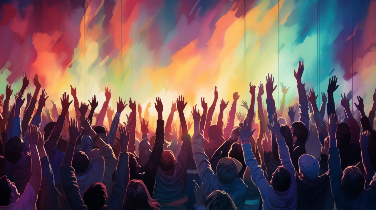 Fans rocking out at the concert, revolutionary style art