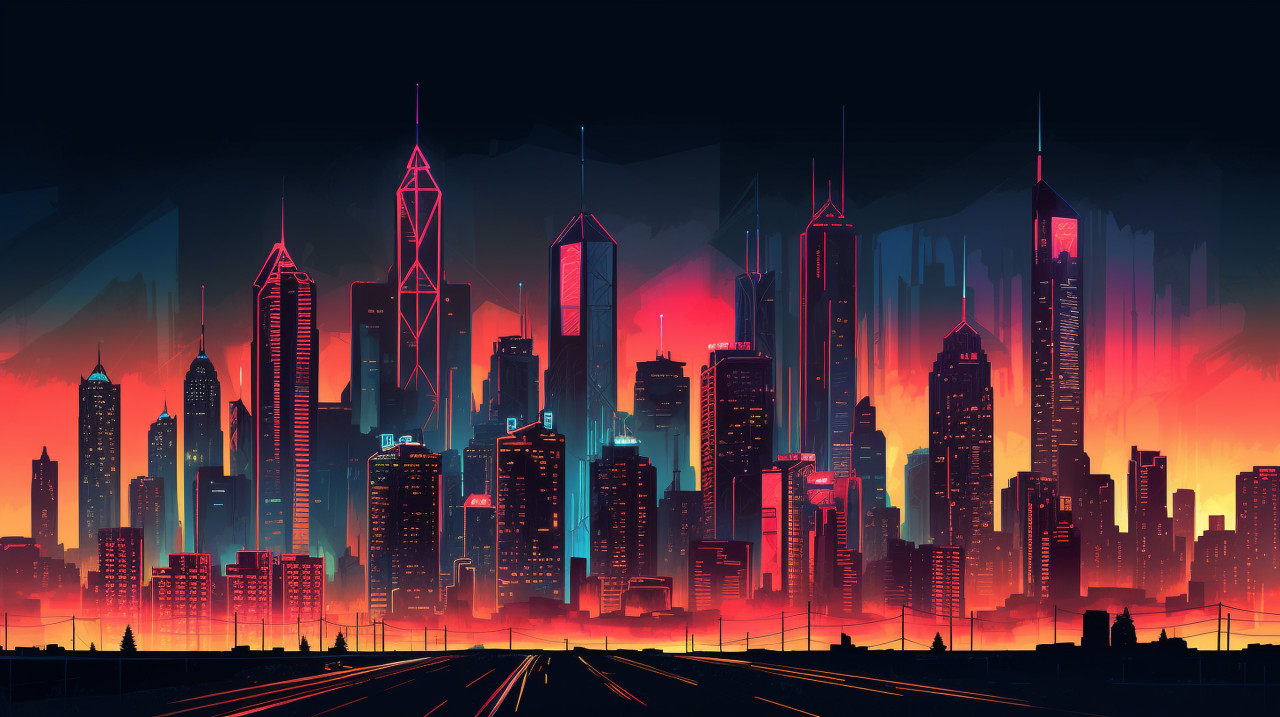 An image of a neon skyline on a background, synthwave style art