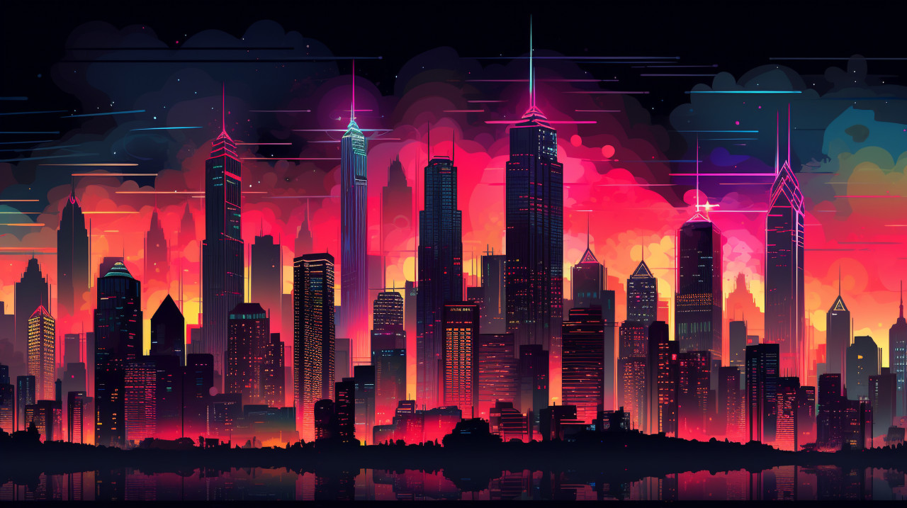 Skyscrapers in the night, synthwave style art