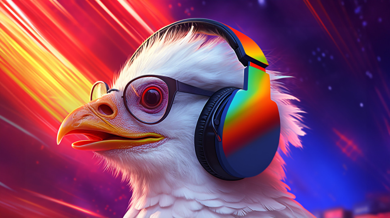 A goose wearing headphones with eyeglasses, synthwave style art